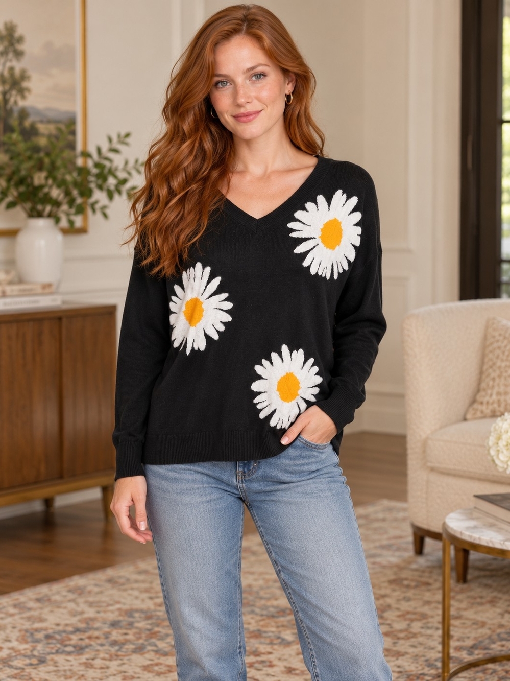 Laurie Felt Black Daisy V-Neck Sweater – Size XXS – NWOT